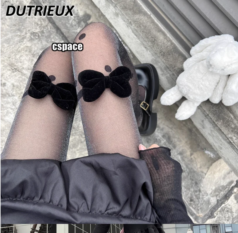 Japanese Style Polka Dot Ladies Socks Pearl Black Tights Pure Nightclub Silver Silk Bow Retro Hot Girl Sexy Stockings for Women
