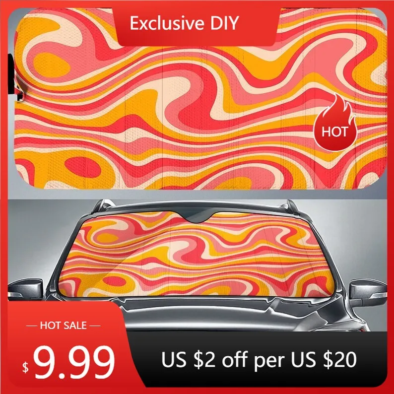 

Groovy Windshield Car Auto Sun Shade, Psychedellic 70s Orange Art Car Accessories Protector Window Visor Screen Cover Decor , Ca
