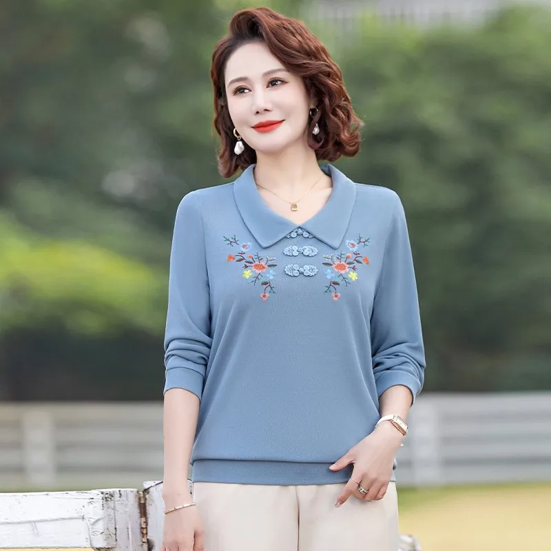 

Women embroidery Shirt Spring Autumn Solid color Lapel collar Long Sleeve T-Shirt Loose Fashion Casual Pullover Tops
