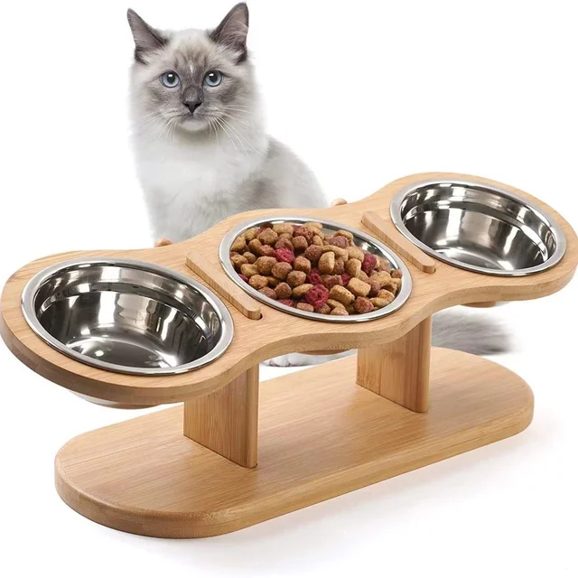 Anti Knock Pet Food Bowl with 3 Stainless Steel Bowls Wooden Pet Bowl Rack  Adjustable and Detachable Suitable for Cats and Dogs 6