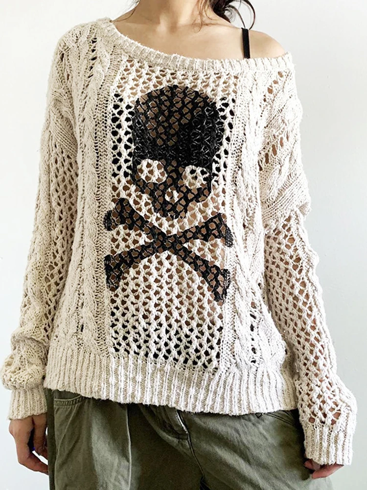Yangelo Skull Sweater Y2K Aesthetic Gothic Hollow Out Long Sleeve Tops Punk Style Crochet Pullover Knitwear Women Streetwear