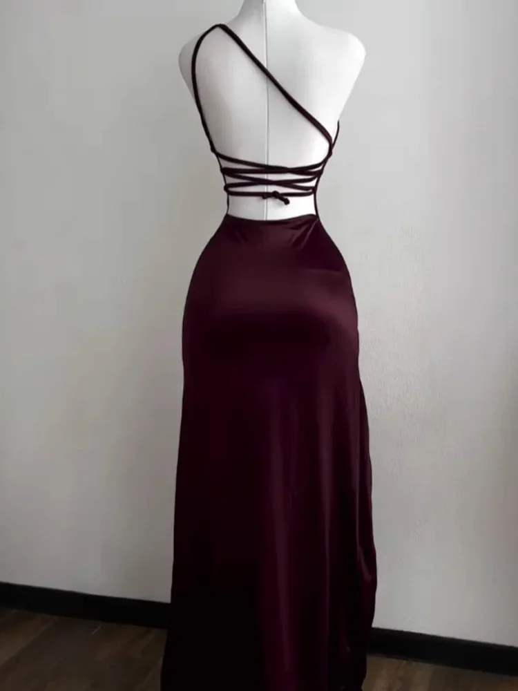 New Women's Solid Color Lace-Up Sleeveless Off-Shoulder Slim Dress Summer Y2K Sexy Suspender Dress Solid Color Long Dress