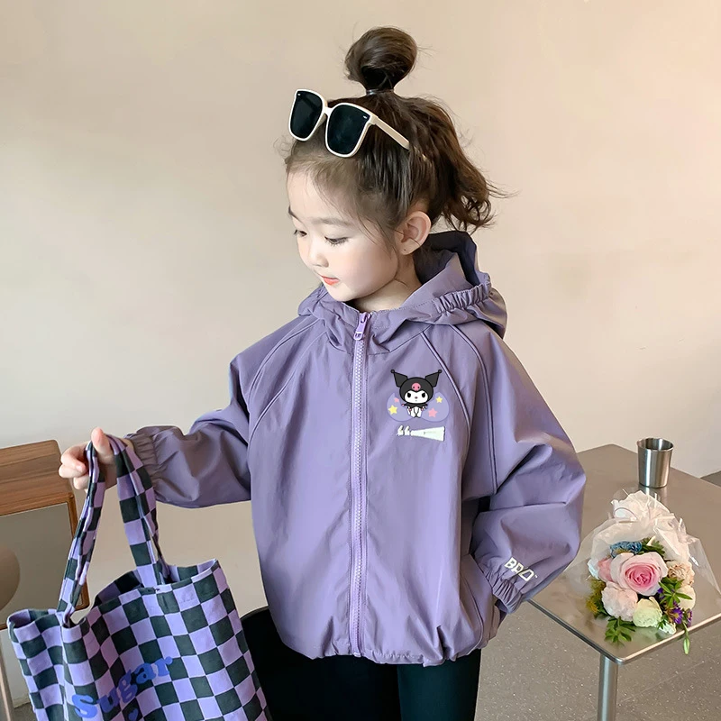 

Sanrios Anime Figure Kuromi Children Girls Spring Autumn Clothing Tops Sportswear Windproof Jacket Cartoon Cute Hooded Coat