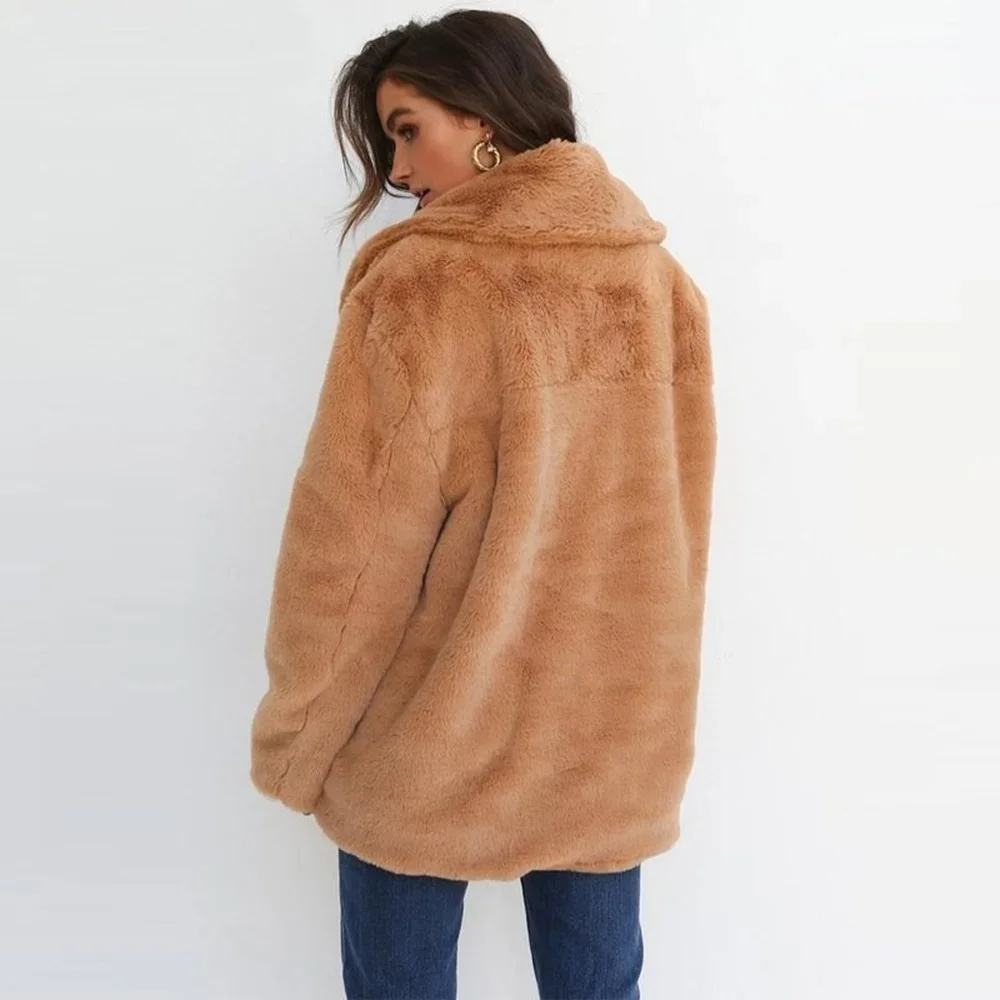 Women's Autumn/winter Faux Fur Coat New Style Jacket Rabbit Fur Coat Lapel Mid-length Warm Color Elegant Solid Color Coat Warm