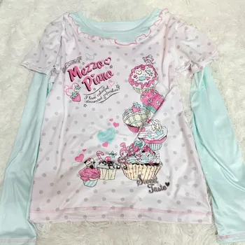Japanese Sweet Cartoon Polka Dot Print Women T-shirt Loose Kawaii Contrast Color Cute Graphic Tee Tops Y2k Aesthetic Tshirts 1
