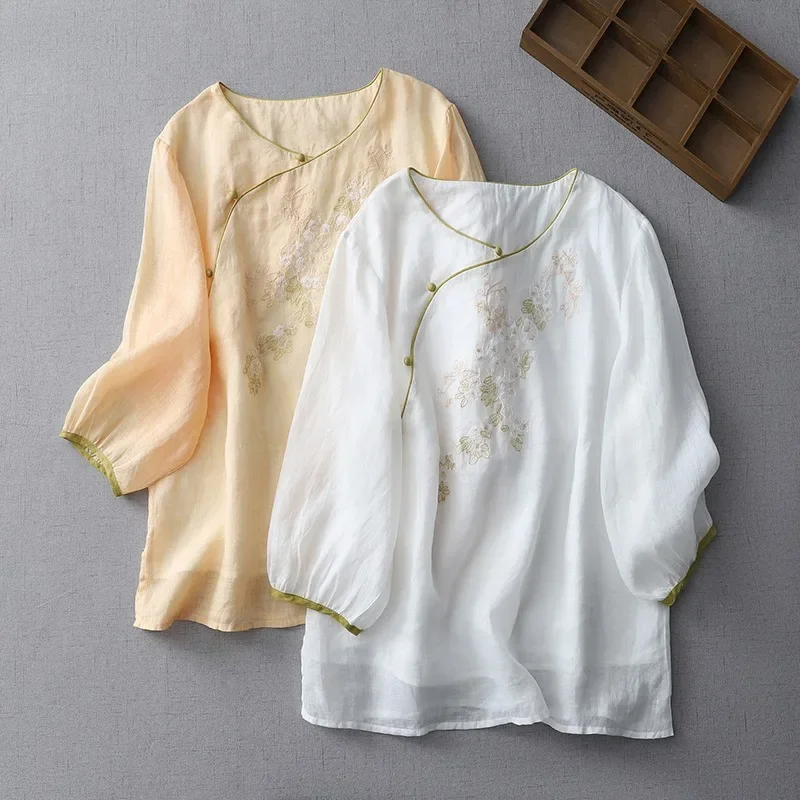 Cotton Linen Chinese Style Women's Shirt Summer Embroidery Vintage Blouses Loose Women Tops V-neck Clothing 2024 Korean