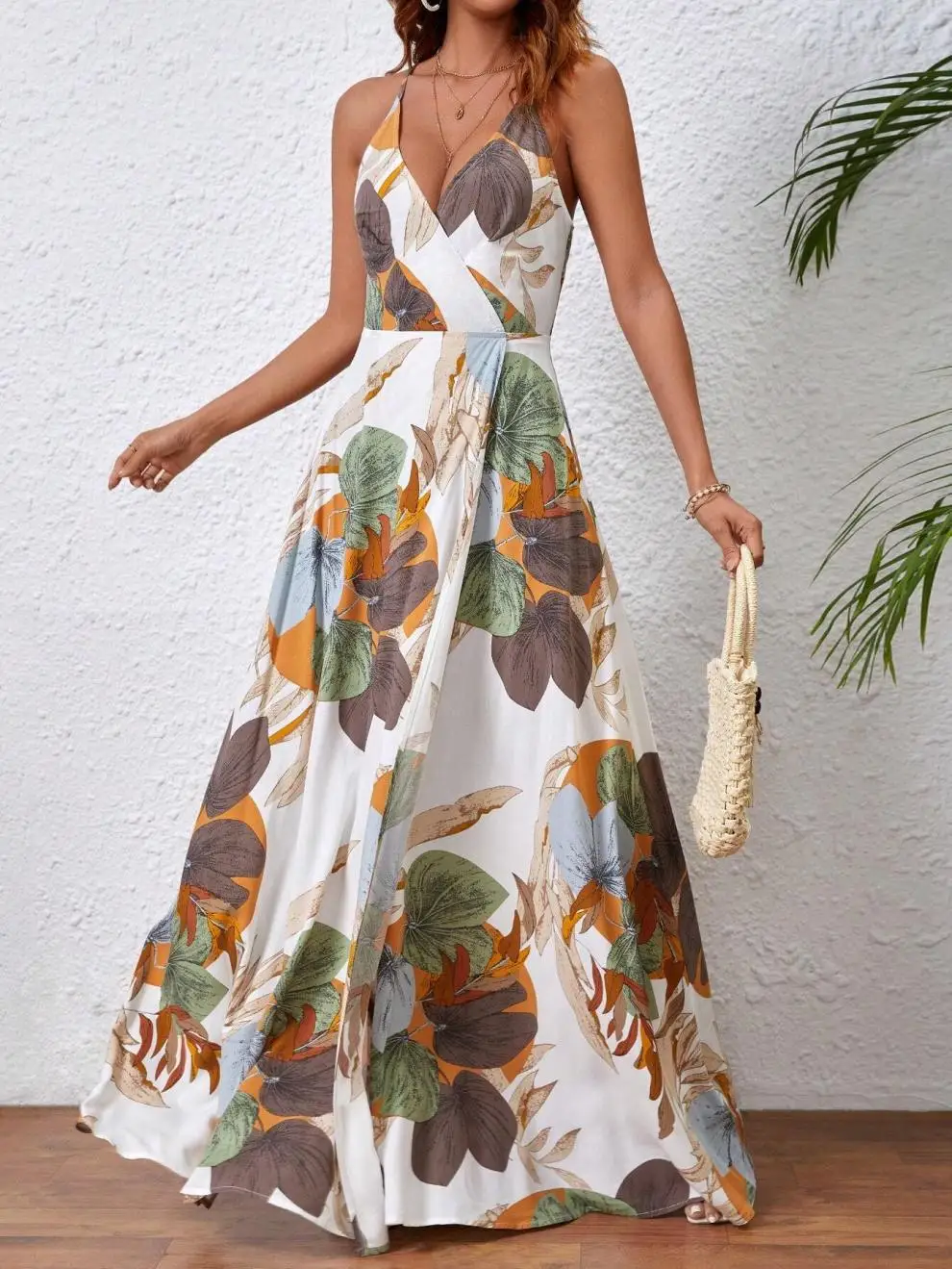 Fashion Flower Print Spaghetti Strap Dresses Women Sexy V-neck Backless Slit Long Dress Bohemian Style Vacation Beach Vestidos