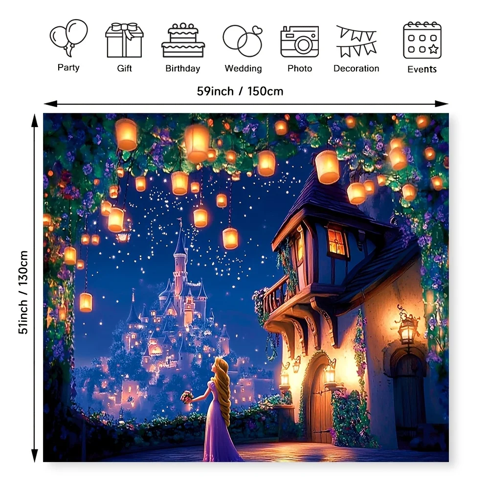 Ein hoher Turmschloss-Hintergrund, mit einer Prinzessin und glänzenden Laternen, ist perfekt für eine funkelnde Nachtparty zu Hause – Detail 7