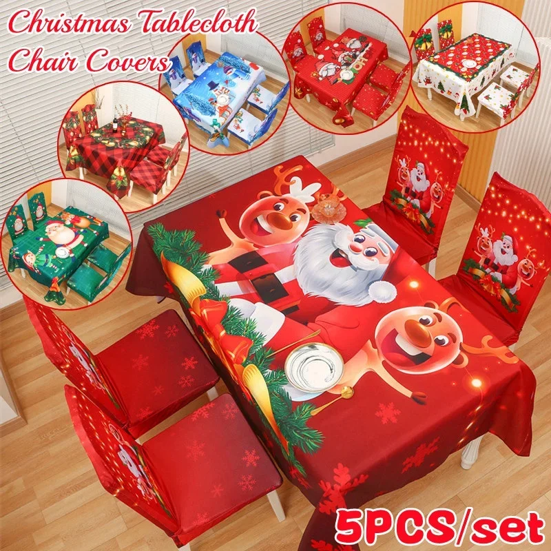 

5PCS/set Christmas Tablecloth Santa Claus Printed Chair Covers Ornaments Table Covers Xmas Decorations Home Kitchen Dining Table