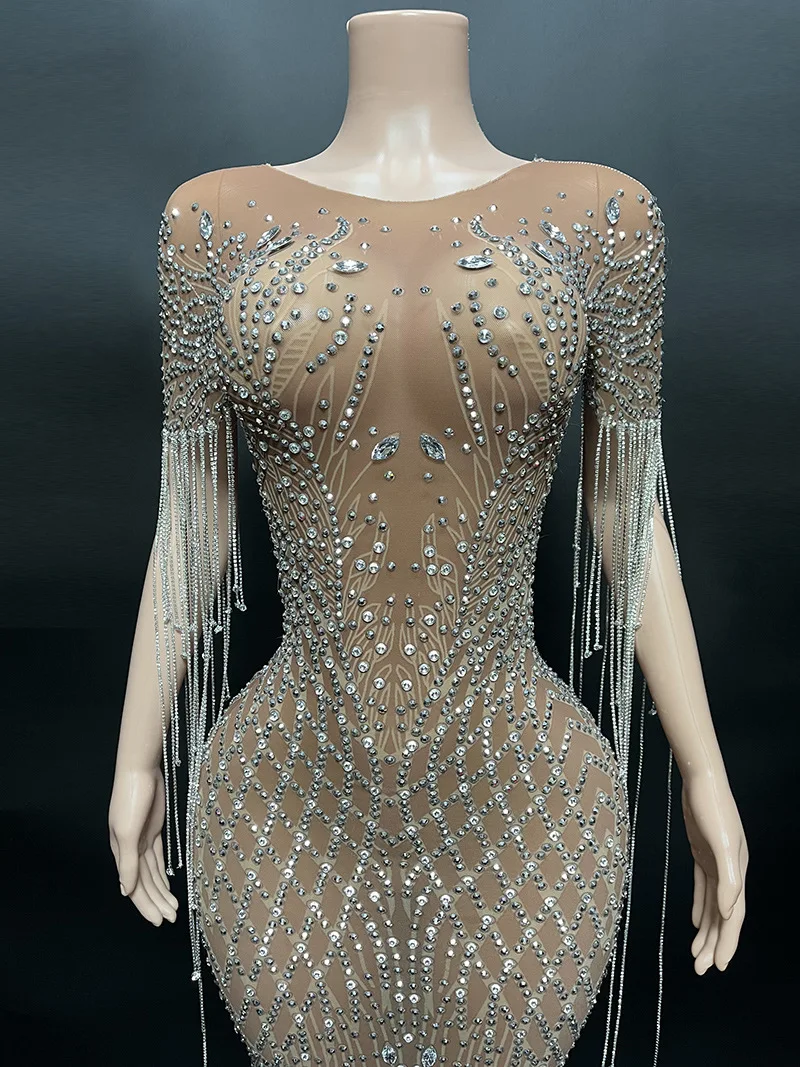 Transparent Long Diamond Dark Brown Party Dress Birthday Luxury Costume Fancy Brilliant Dancer Wedding Dress Impressive Dress 6