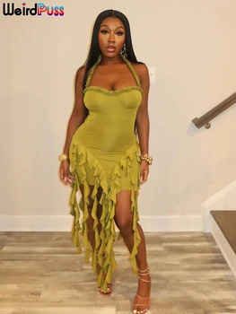 Weird Puss Summer Sexy Dress Women Halter Party Backless Midnight Chic Irregular Tassel Hem Birthday Party Split Club Bodycon