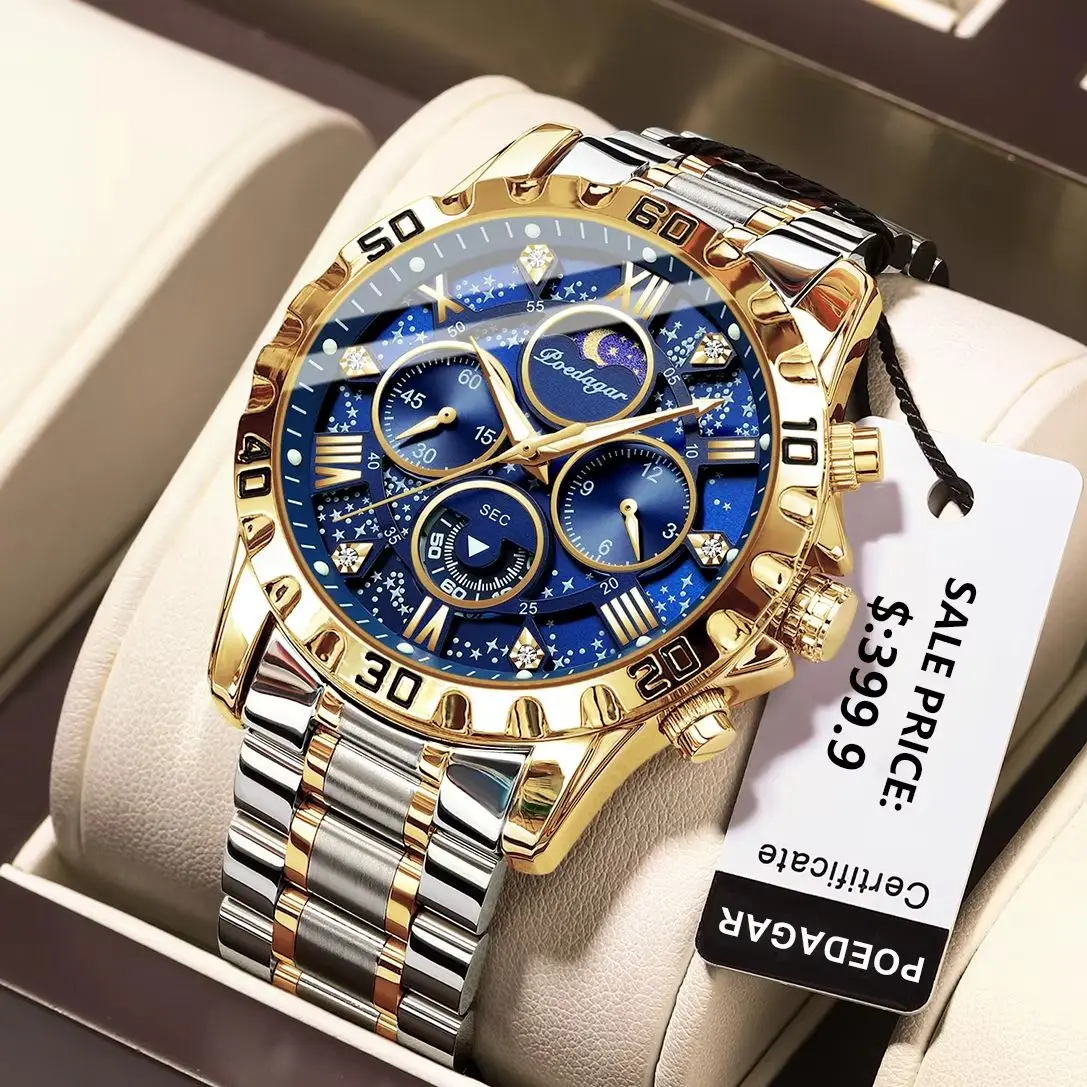 POEDAGAR High Quality Military Men Clock Chronograph Waterproof Luminous Man Wristwatch Stainless Steel Quartz Men's Watches+Box 2