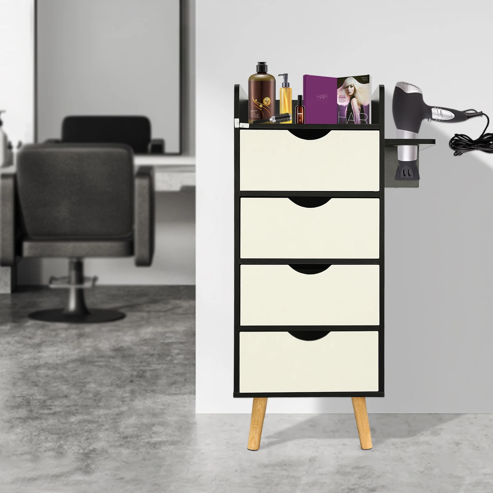 

4 Drawers Minimalist Barber Salon Storage Cabinet,Hair Stylist Station with Hair Dryer Holder