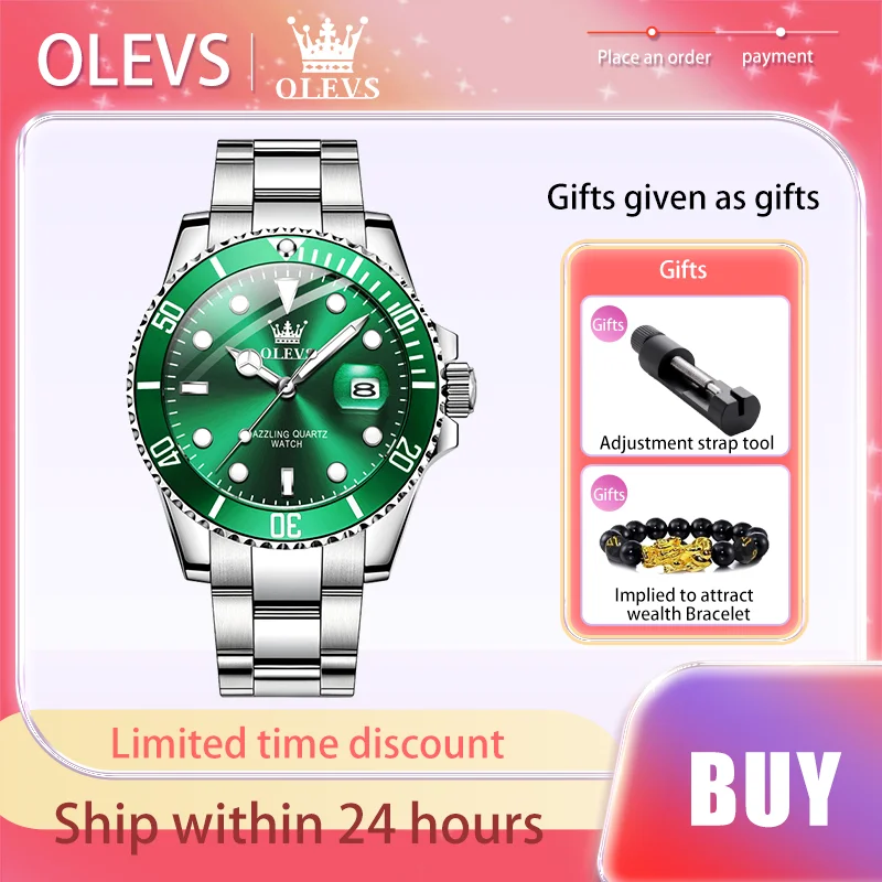 OLEVS Men's Watches Business Stainless Steel Strap Green Quartz Watch Waterproof Calendar Luminous High Quality Male Wristwatch