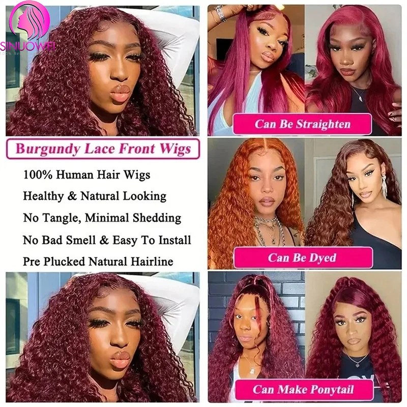 Water Wave 99J Burgundy 13x6 Human Hair Lace Frontal Wigs 200% Brazilian Human Hair Burgundy Wave Curly