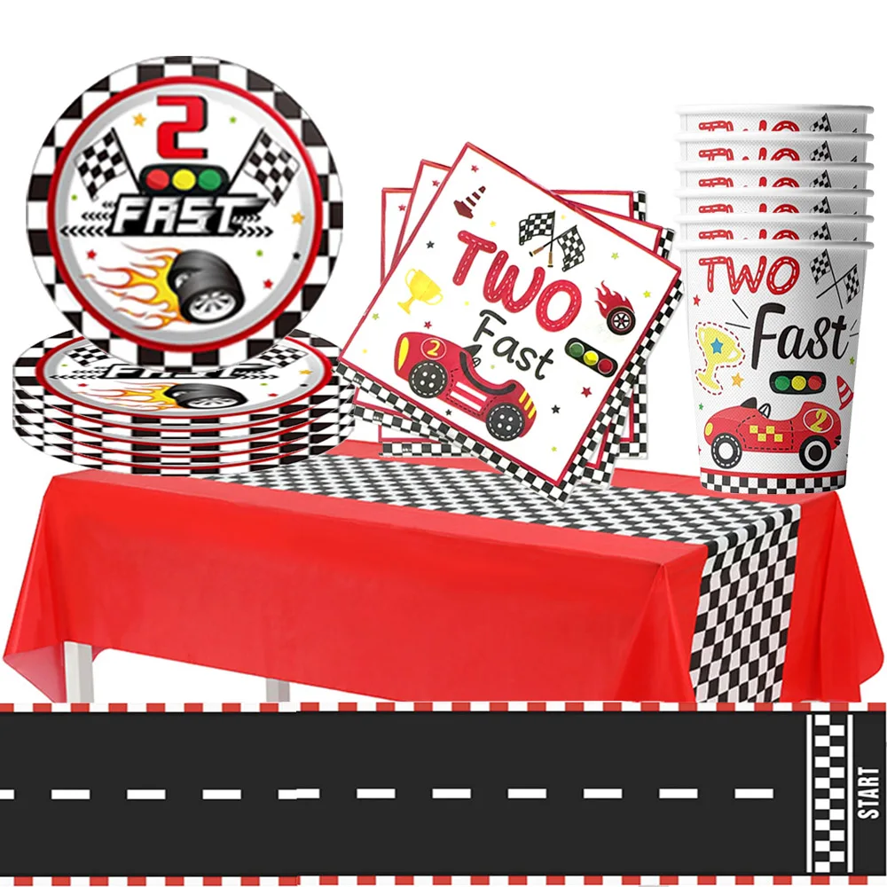 

Boys 2nd Birthday Party Plates Napkins Cups Tablecloth Kids Boys Cars Theme Disposable Tableware Race Car Two Fast Party Supplie