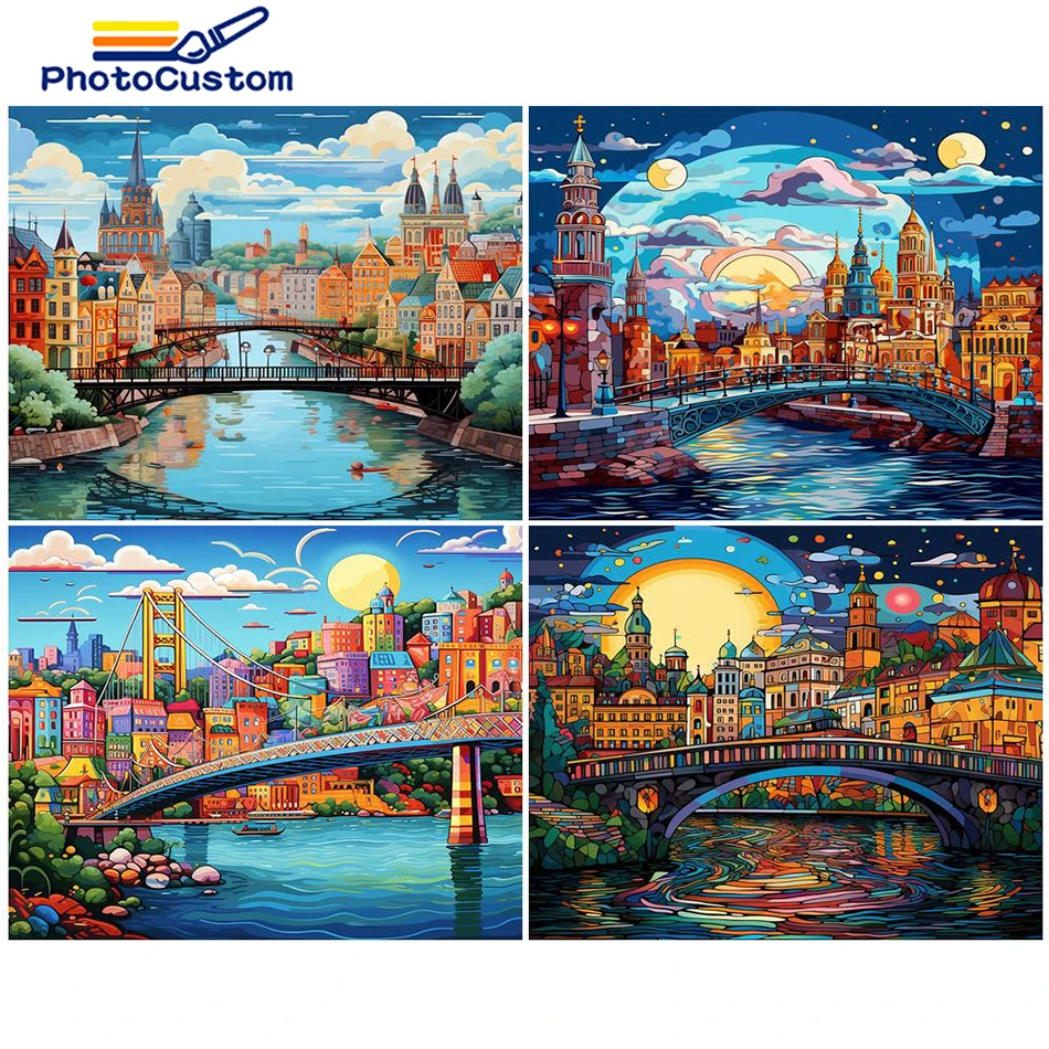 

PhotoCustom DIY Painting By Numbers City Bridge Landscape Picture Of Coloring By Numbers For Adults Acrylic Paint Home Wall Art