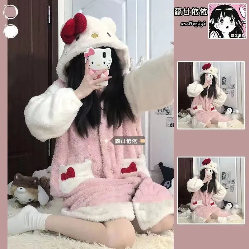 

New HelloKitty Nightgown Pajamas for Women, Cute Coral Velvet Thickened Velvet Pajamas Long Home Clothes Set Shoes