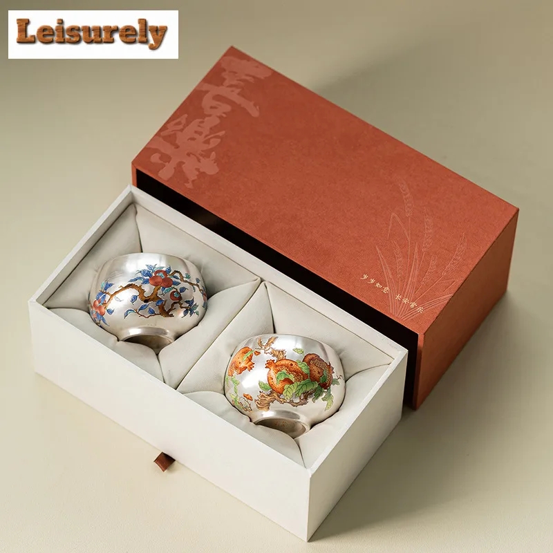 Gilt Silver Longevity Peach Pomegranate Teacup Luxury Tea Bowl Mug Tea-tasting Meditation Cup Chazhan Master Cups Teaware Set