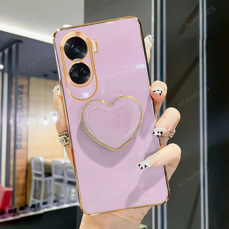 Luxury Plating Love Heart Stand Silicone Phone Case with Holder