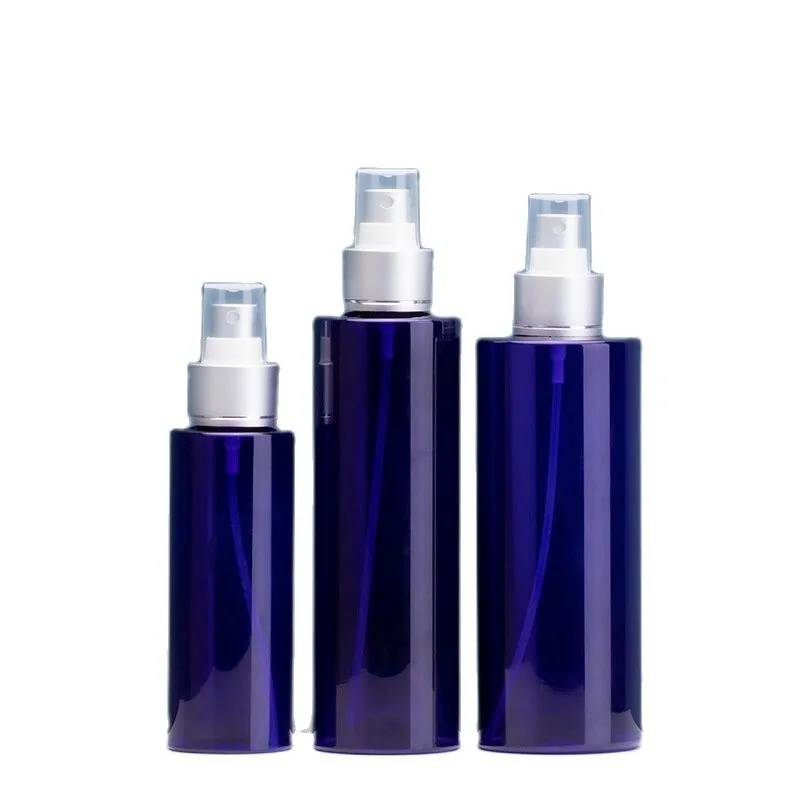 

Fine Mist Spray Bottle PET 100/200/250ml 10pcs Plastic Blue Perfume Sprayer Matte Silver Ring Cosmetic Toner Water Spray Bottles