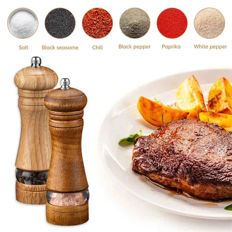 6-inch Manual Pepper Grinder Rubber Wood Acrylic Salt Shakers Adjustable Ceramic Rotor-Refillable Oak Spice Salt Grinding Bottle