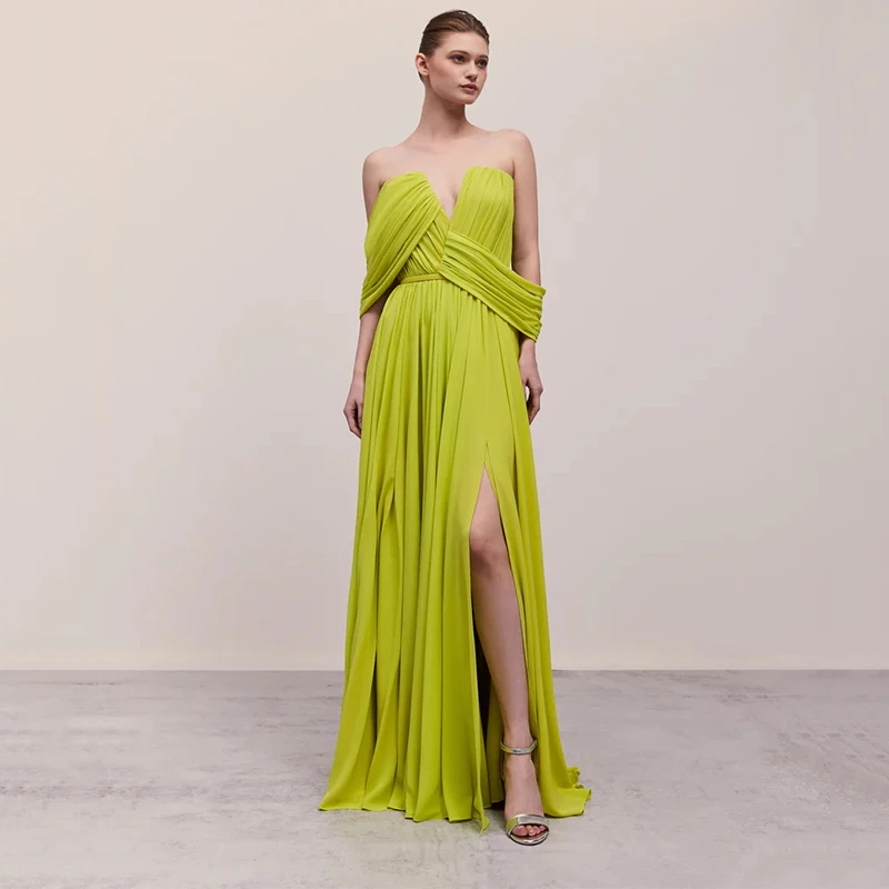

UZN New Arrive A-Line Evening Dresses 2023 Off the Shoulder Chiffon Prom Dress Ruched Side Slit Saudi Arabia Party Gowns