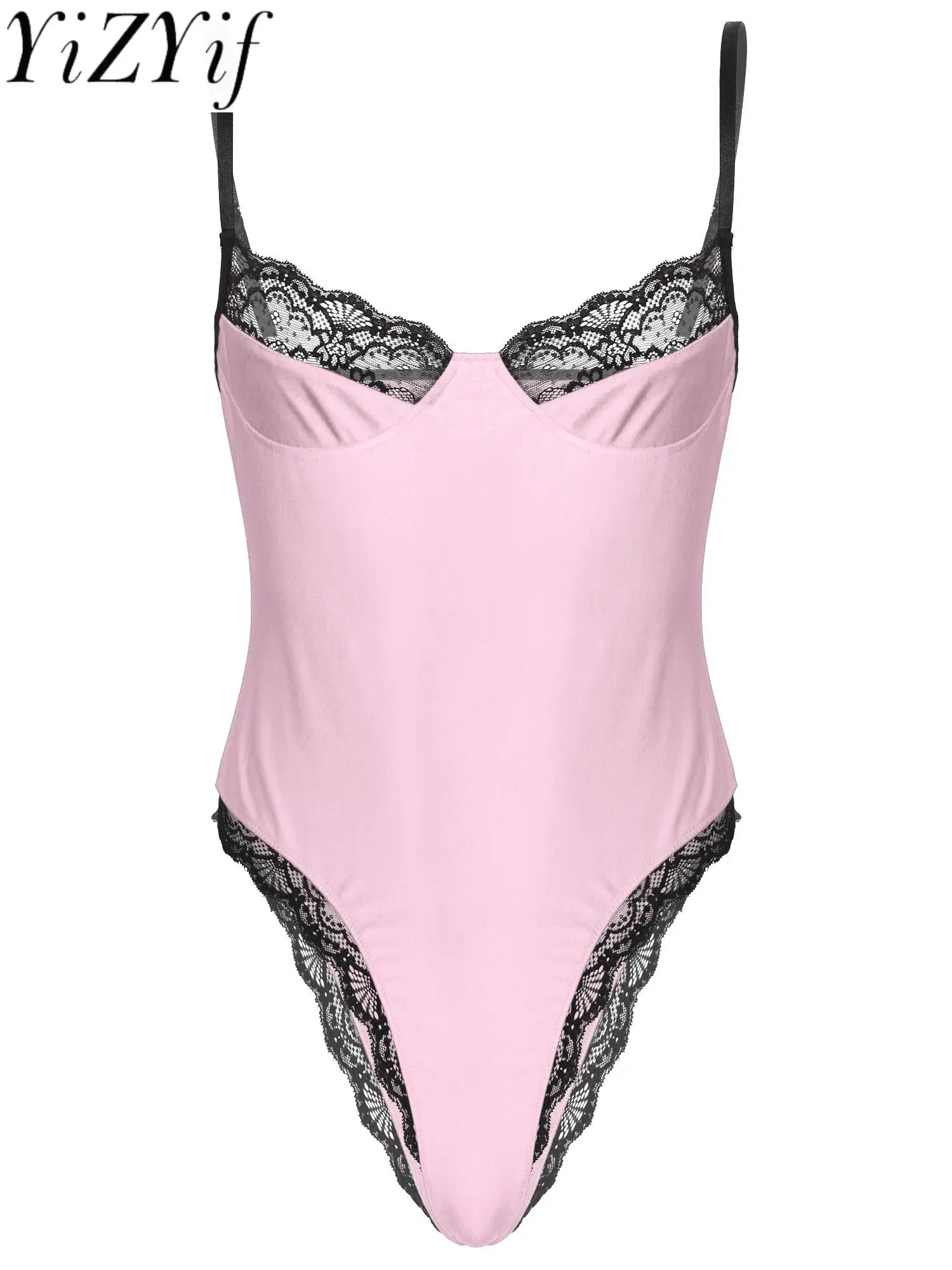 

Mens Lace Trimming Bodycon Sissy Bodysuit Adjustable Spaghetti Strap Sleeveless Unlined Wireless Bra Leotard Lingerie Underwear