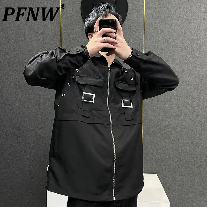 

PFNW Metal Decoration Men's Long Sleeve Shirts Zipper Cardigan Male Casual Solid Color Niche Design Tops 2023 Autumn New 28W1491