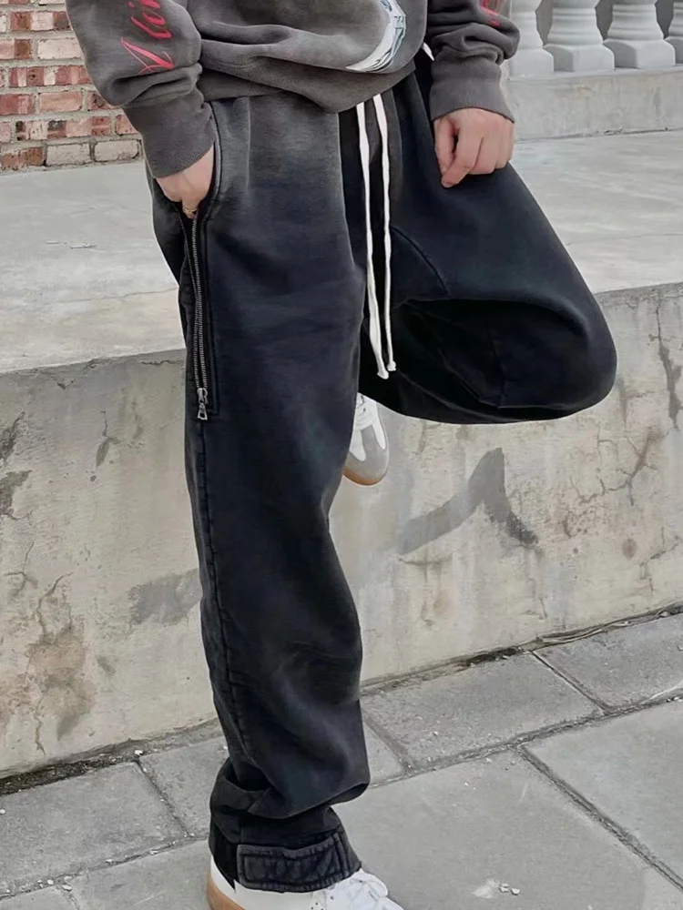 

ASK High Street Fashion Faded Long Zipper Sweatpants Quality Men's and Women's Straight-Leg Pants