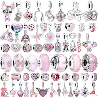 New Pink Series Bus Murano Glass Flowers Hearts Clip Charm Beads Fit Original European 925Silver Bracelet DIY Women Jewelry Gift 1
