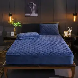 Luxurious Plush Quilted Mattress Cover - Warm & Soft Crystal Velvet - King/Queen Fitted Sheet. - 160x200x30cm (Navy Blue)