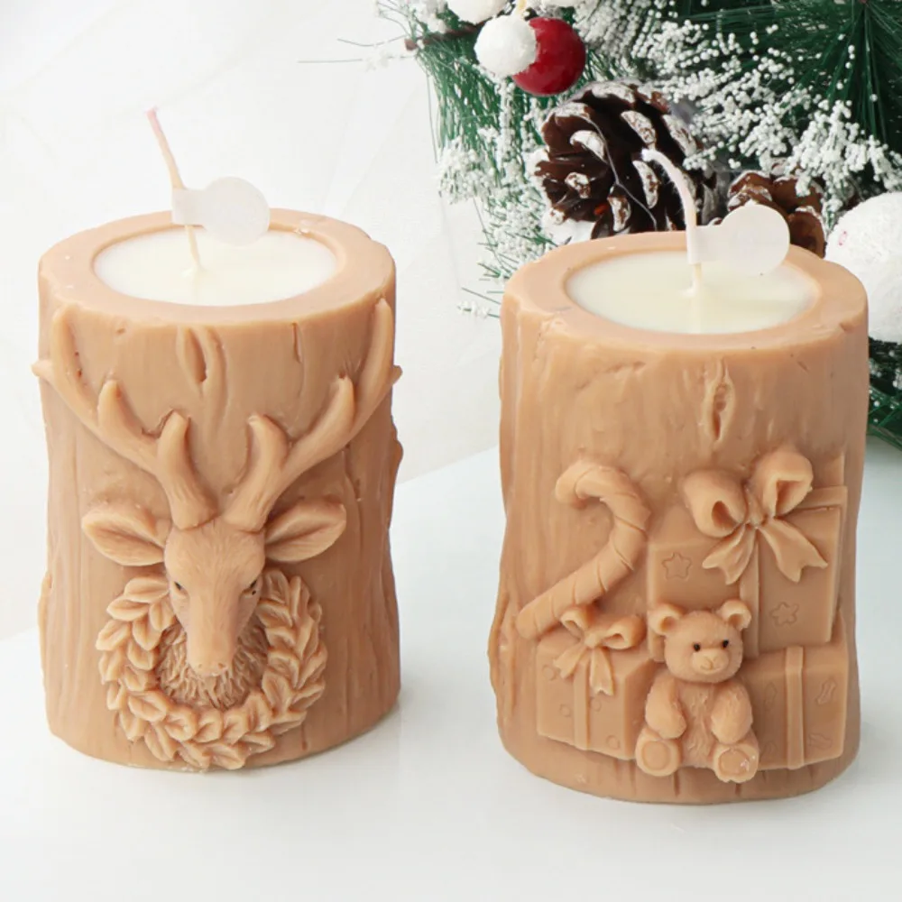 Bearded Santa Claus Deer Stump Silicone Candle Mold Gingerbread Snowman Cylinder Plaster Candlestick Making Gift Christmas Decor