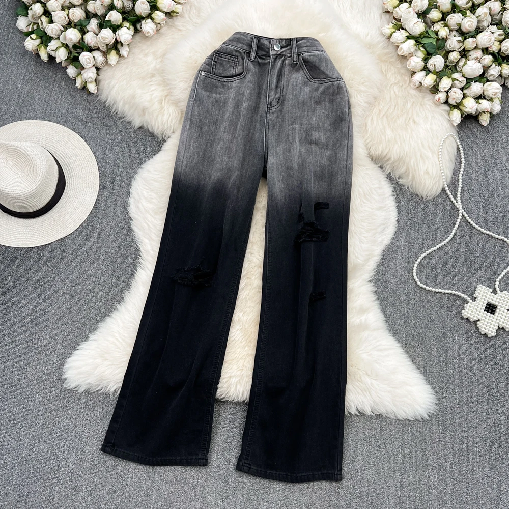 

Retro Temperament Gradient Color Ripped High Waist Loose Wide Leg Pants Jeans Women