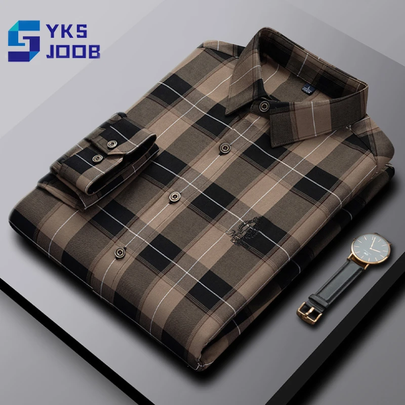 

Embroidered Plaid Long Sleeves Shirts Mens Business Casual Lapel Anti-wrinkle Luxury Blouse Fashion Daily Fit Tops Spring Autumn