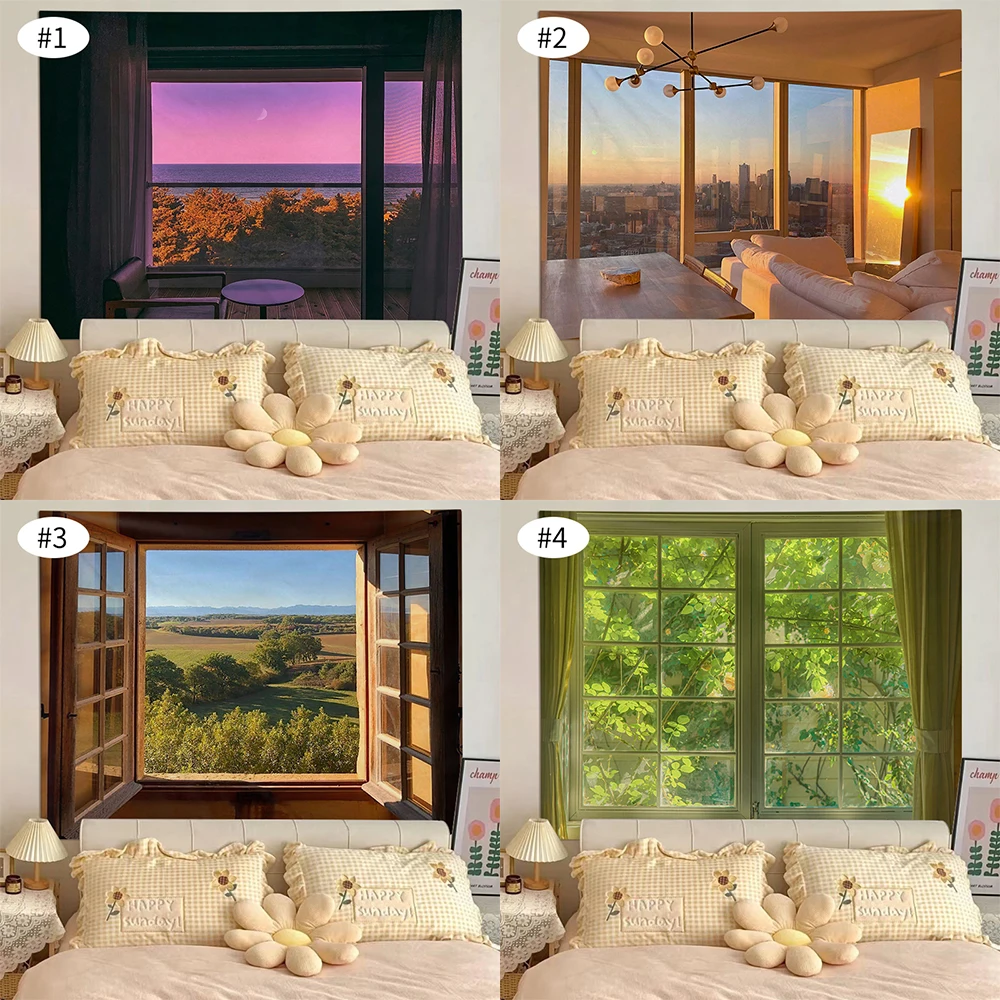 Window Scenery Tapestry Nordic Wall Hanging Cloth Dormitory Bedside Tapestries Background Aesthetic Bedroom Decoration Tapestry Decor