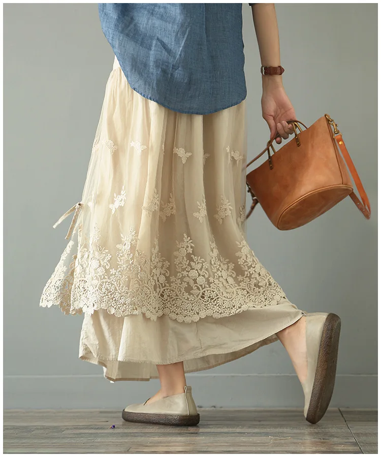 white skirt French Long Skirt Ankle Retro Double Mesh Yarn Loose Embroidery A-Line skirt RV474 summer skirts