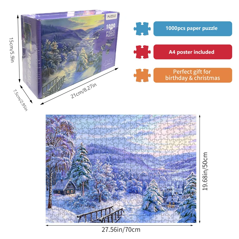 High Quality 70cm*50cm 1000pcs Jigsaw Puzzle the snow Adult Stress Relief Beautiful Landscape Painting Puzzle 2