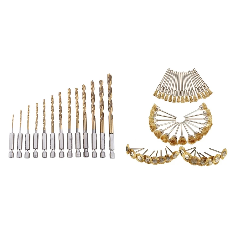 

13Pc HSS Titanium Coated Drill Bit Set With 1/4Inch Hex Shank & 45Pcs Copper Wire Brush Wheel Sanding Accessories