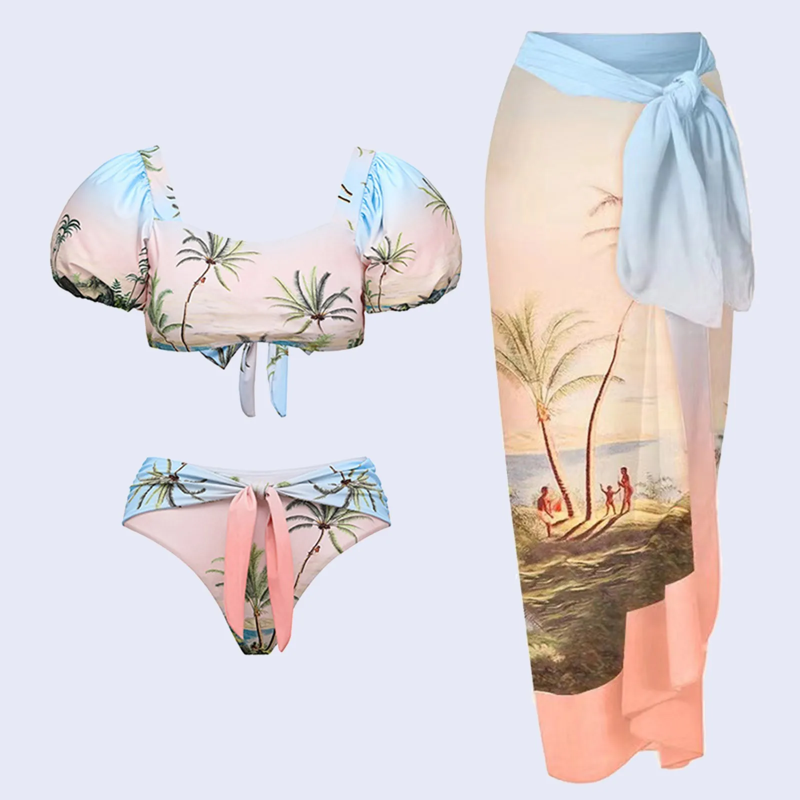 

Женский пляжный купальник, купальник бикини с тропическими оборками и накидкой, юбка с запахом, женская шифоновая юбка с запахом