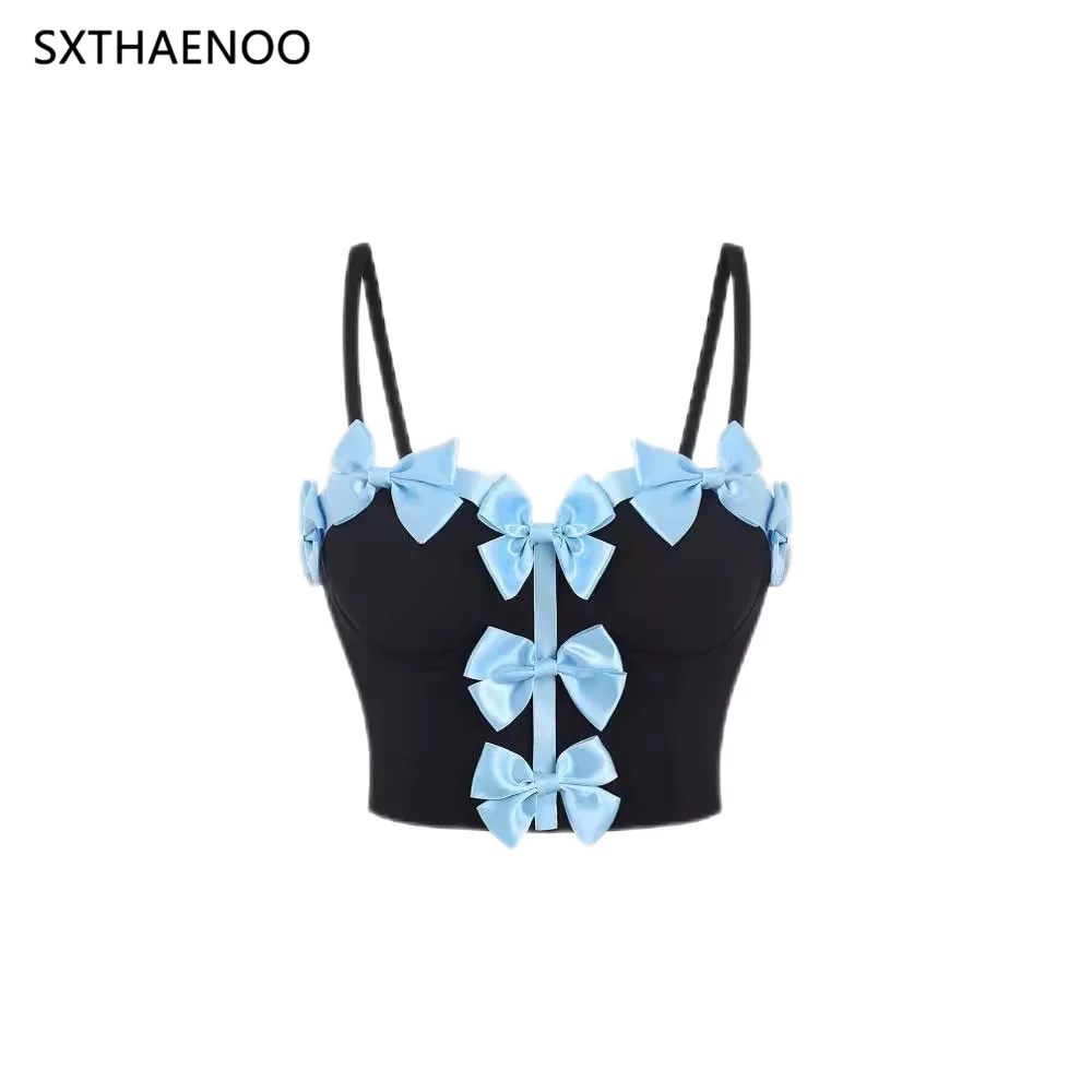 

SXTHAENOO 2024 Sexy Tight Blue Bow Crop Top Women Camis Night Club Party Corset Crop Top Streetwear Push Up Bustier Bra