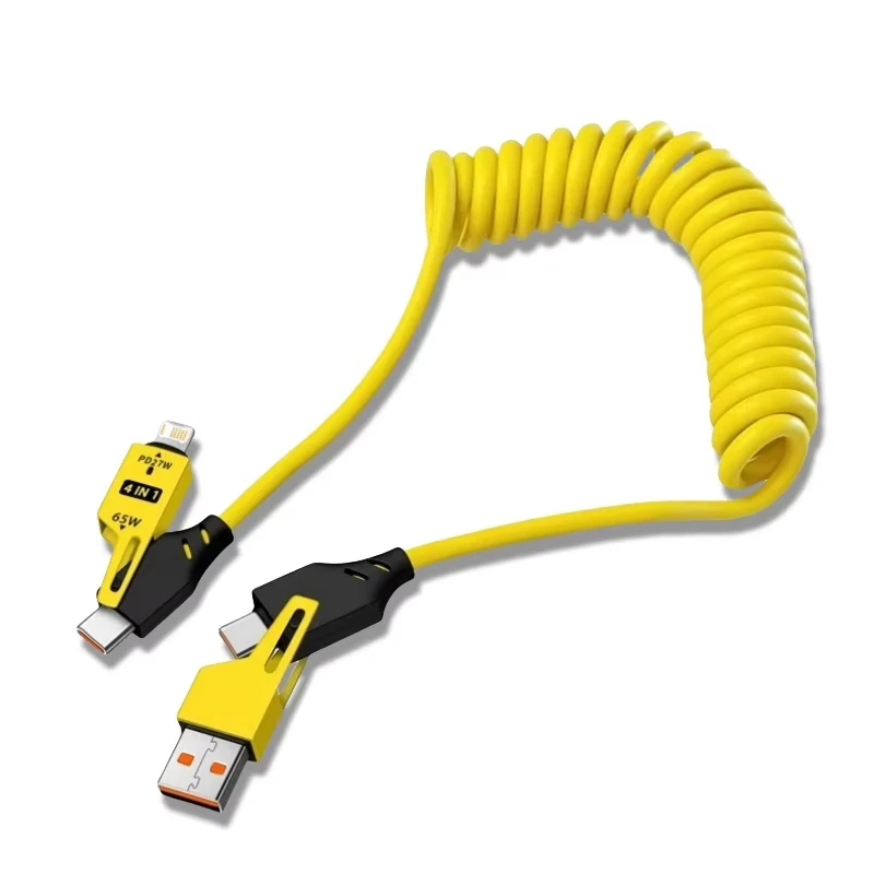 4 in 1 65W 스프링 숏 데이터 케이블 6A USB 타입 C 스프링 텔레스코픽 퀵 충전 케이블 스프링 USB 케이블 (아이폰 15 14 13 12 호환)