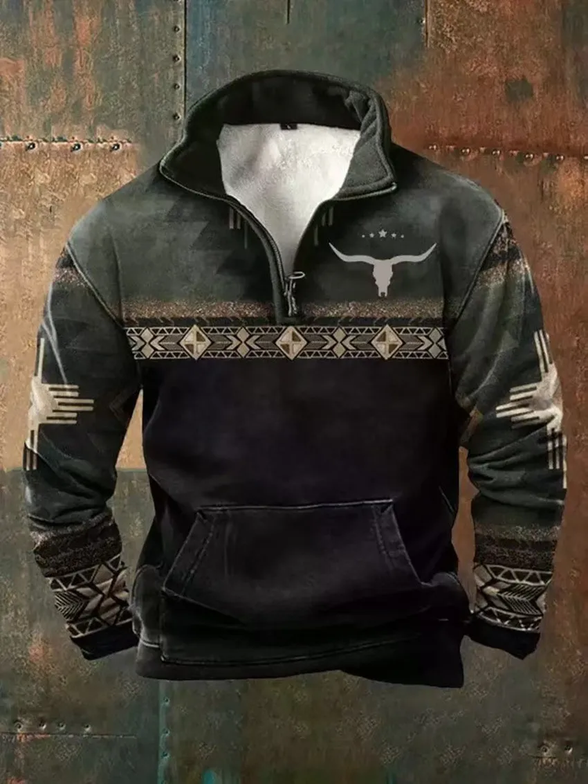 Europe and the United States new Men's shaking fleece hoodie stand collar retro 3D printed Autumn and winter Leisure sports hood 3
