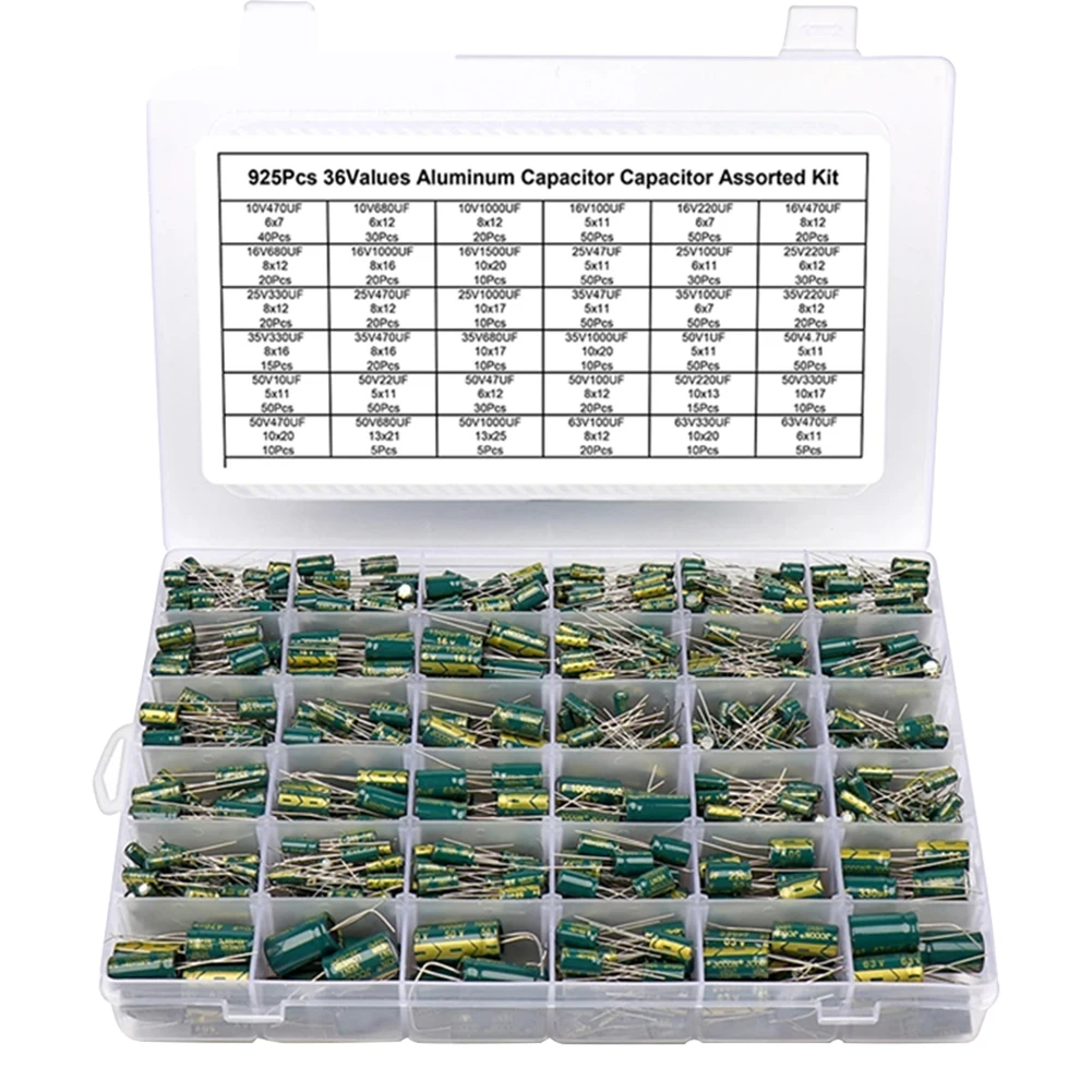 15/24/36 Values 225/460/925Pcs Aluminum Electrolytic Capacitors with Storage Box Aluminum Electrolytic Capacitors Assortment Kit