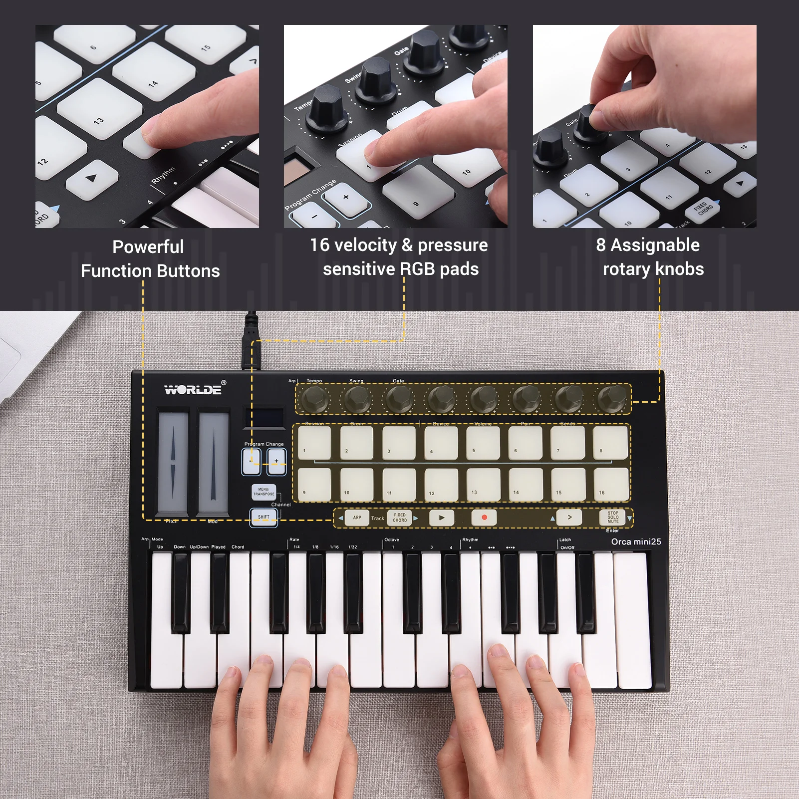 WORLDE Panda mini 25-Key USB MIDI Keyboard Controller Piano 8 RGB Backlit Trigger Pads Music