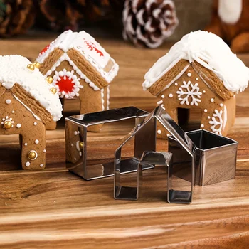 1set Stainless Steel House Cookie Cutter Set - 3 Piece 3D Miniature Christmas Gingerbread House Biscuit Molds 1