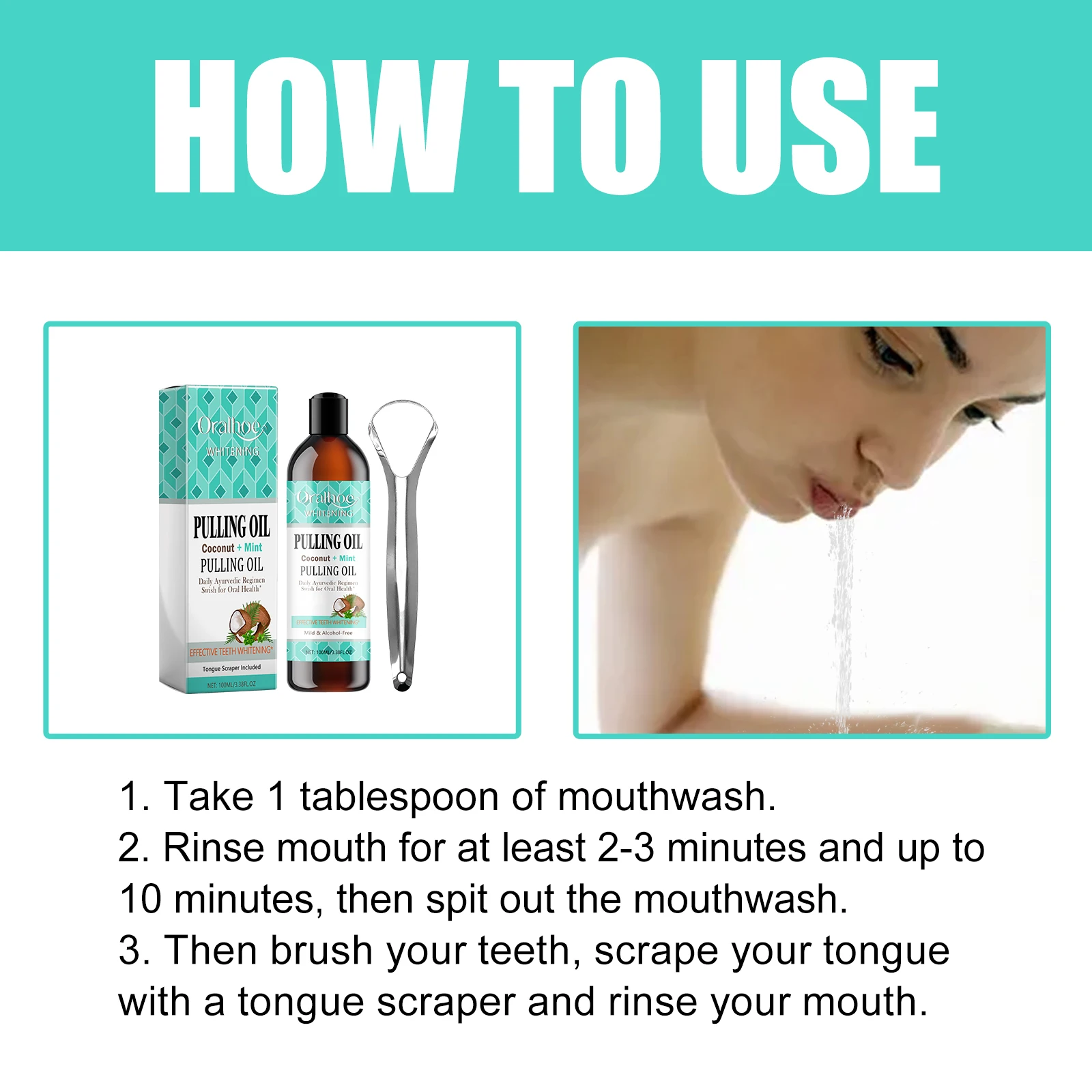 Coconut Mint Pulling Oil Mouthwash Kit With Tongue Scraper Fresh Oral Breath Odor Removal Alcohol-Free Whiten Tool Mouth Care