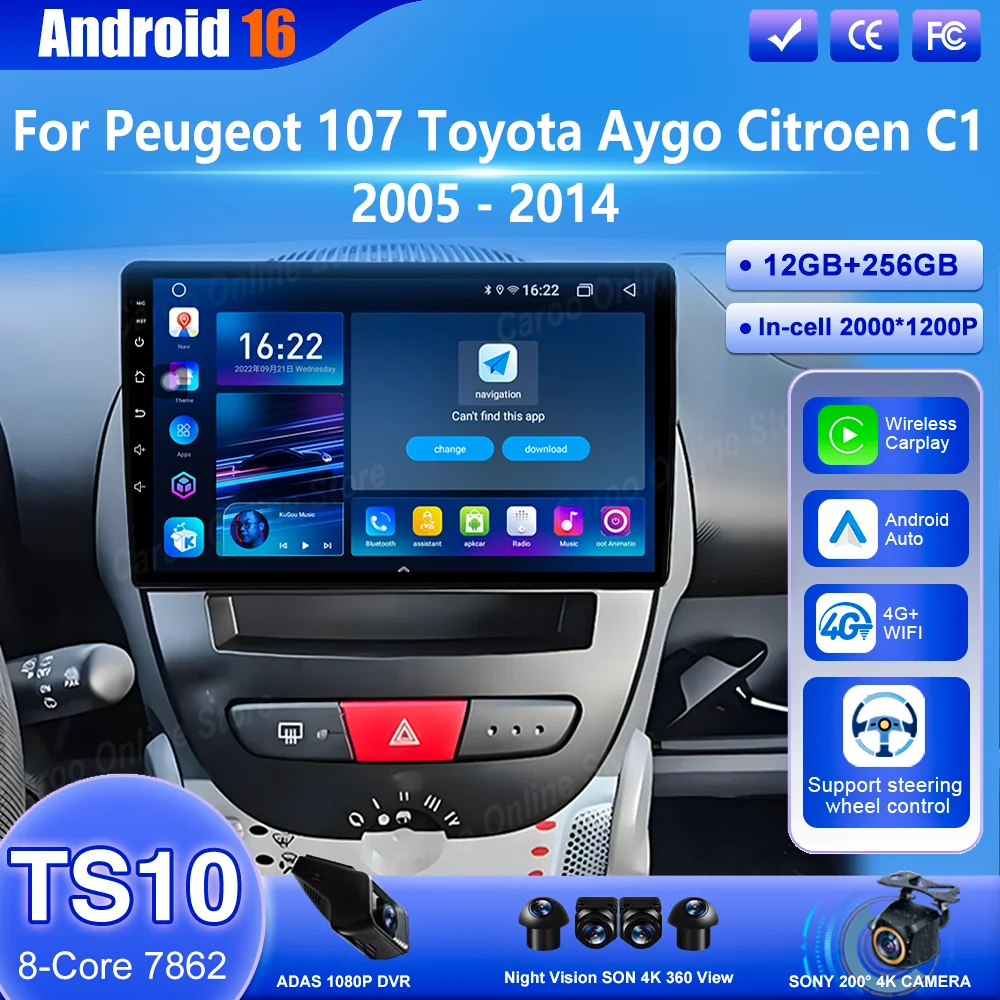 Autoradio Android 16 per Peugeot 107, Toyota Aygo, Citroen C1 2005-2014, con Carplay, GPS, Navigazione, Multimedia e Lettore Video