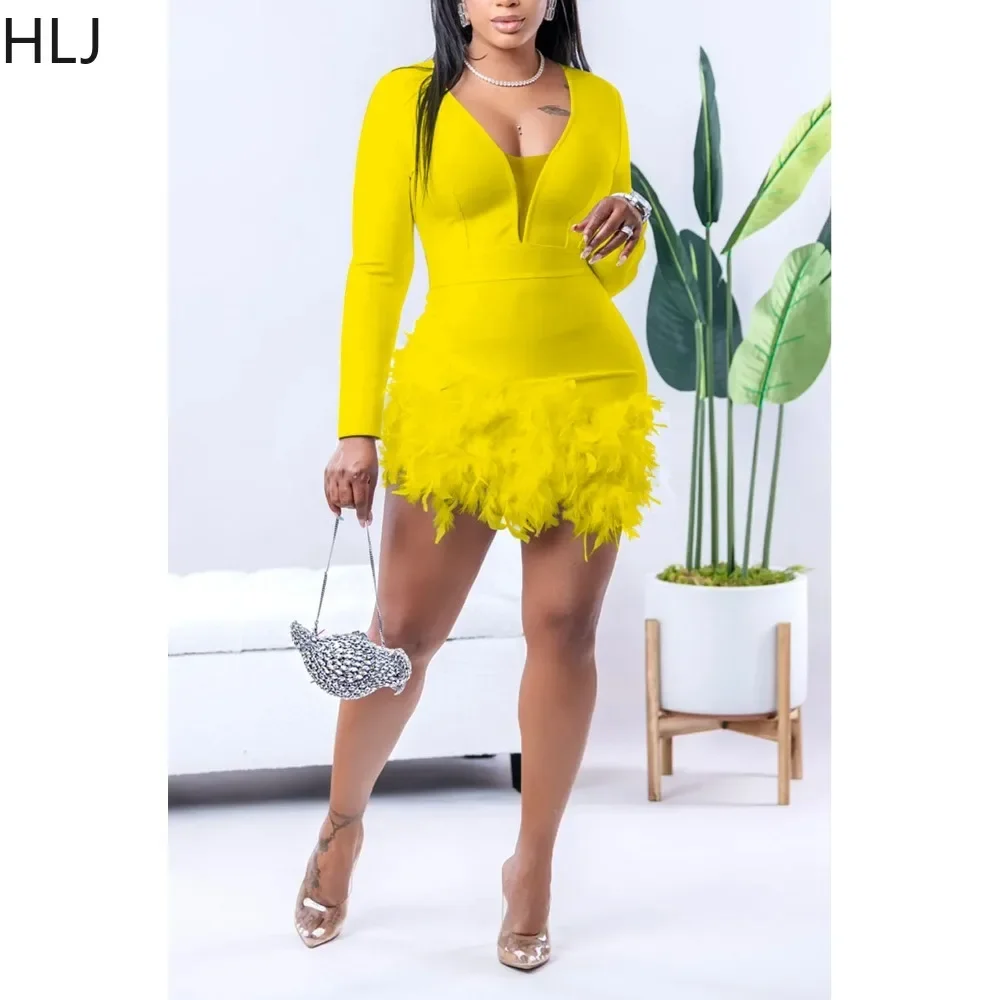 HLJ Fashion Feather Stitching Deep V Party Club Rompers Women Long Sleeve Bodycon Jumpsuits Female Solid Color Slim Overall 2023