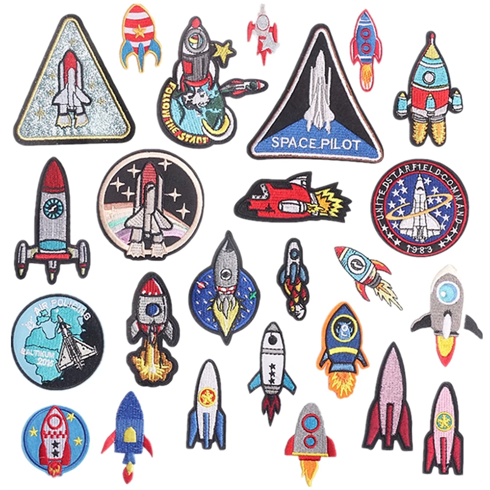 

Hot 1pcs Patch Rocket Space Stickers Iron On Patches for Clothing Sewing Embroidery Fusible Applique Badge Decoration Stripes